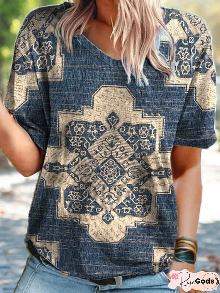 Regular Fit Tribal Vintage Casual Short Sleeve Tops