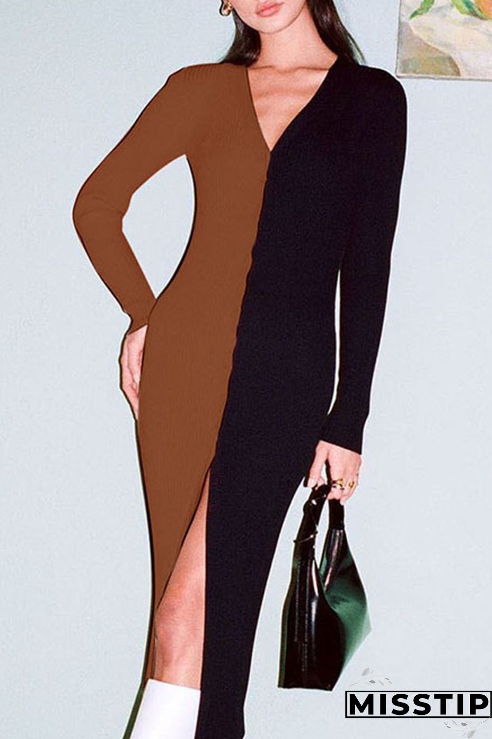 Black Brown Casual Solid Patchwork Buckle V Neck Straight Dresses