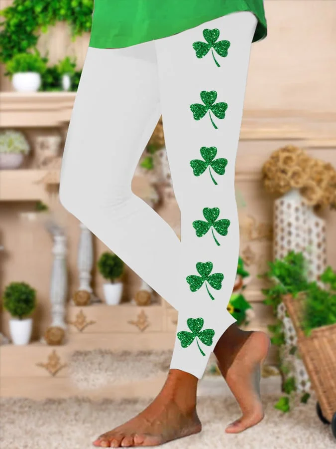 Women's St. Patrick's Day Glitter Lucky Shamrock Print Stretch Leggings socialshop