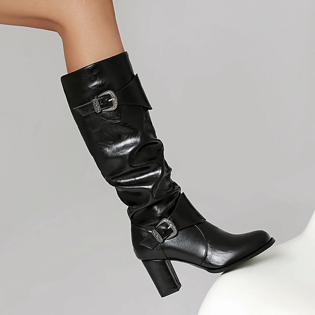 Women's 75mm High Heels Elegant Faux Leather Buckle Zipper High Knee Boots