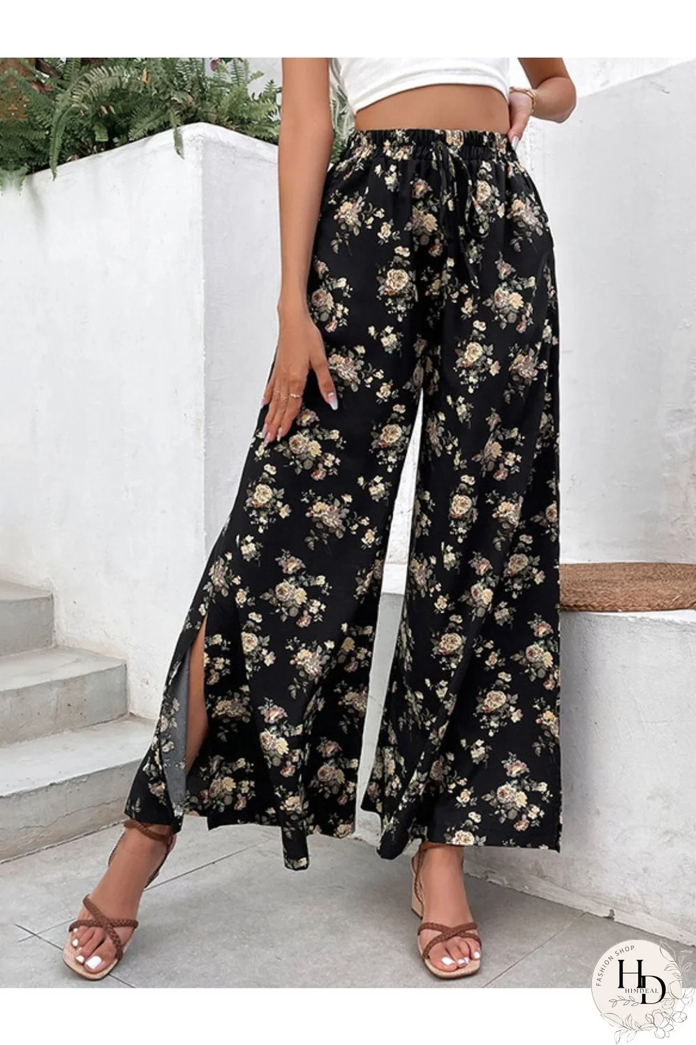 Floral Side Slit Wide Leg Pants