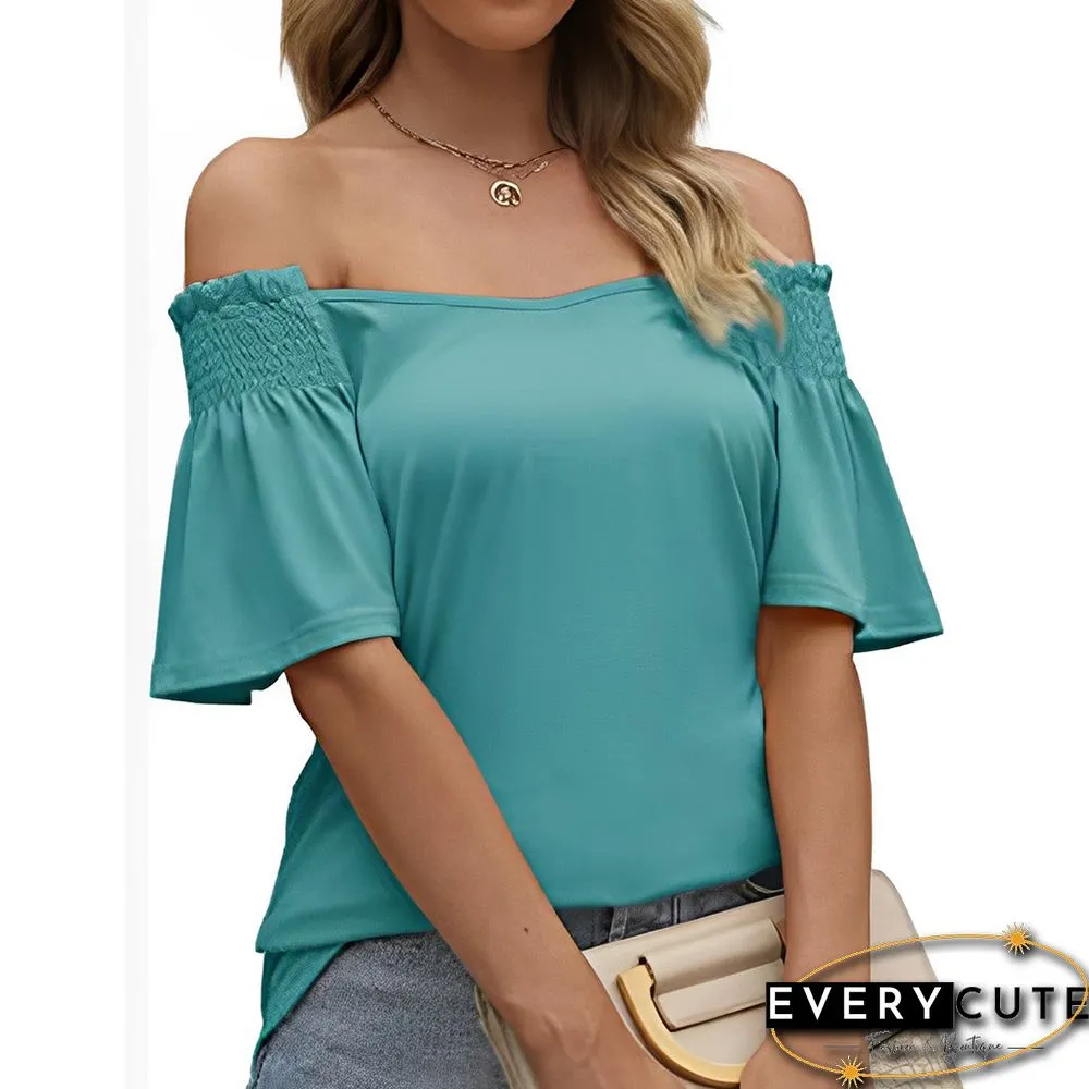 Cyan Pleated Short Sleeve Casual T-shirt