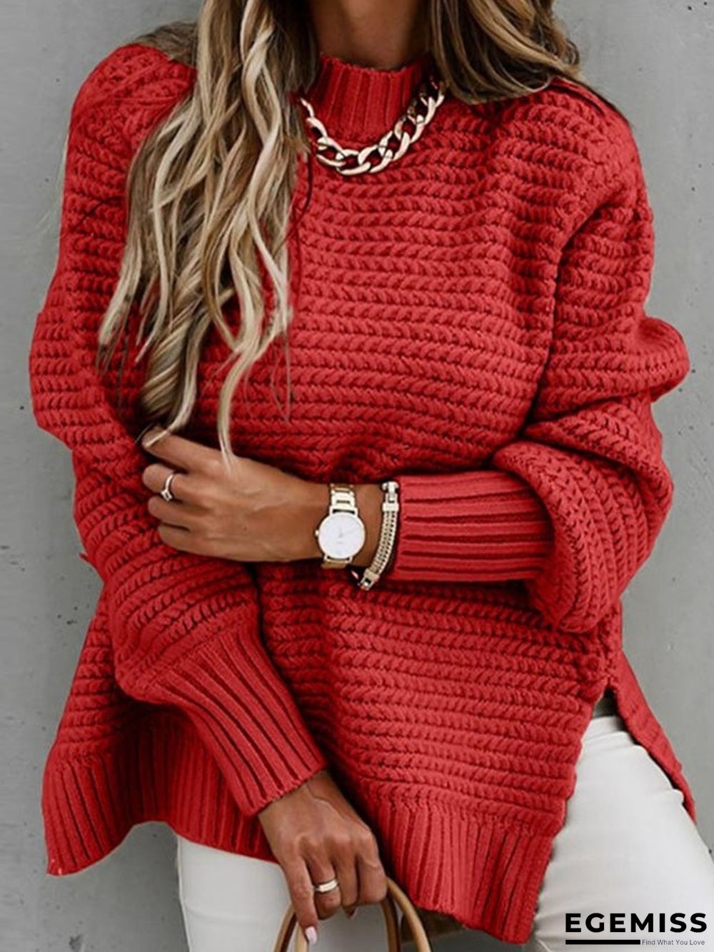 Autumn and Winter New Semi-high Collar Loose Solid Color Long-sleeved Sweater Women | EGEMISS