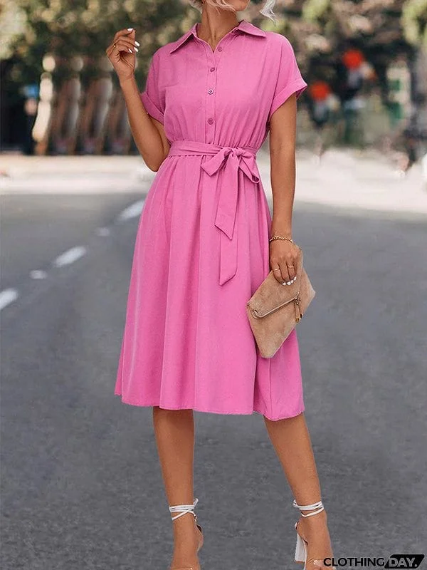 A-Line High Waisted Buttoned Solid Color Tied Waist Lapel Collar Midi Dresses Shirt Dress