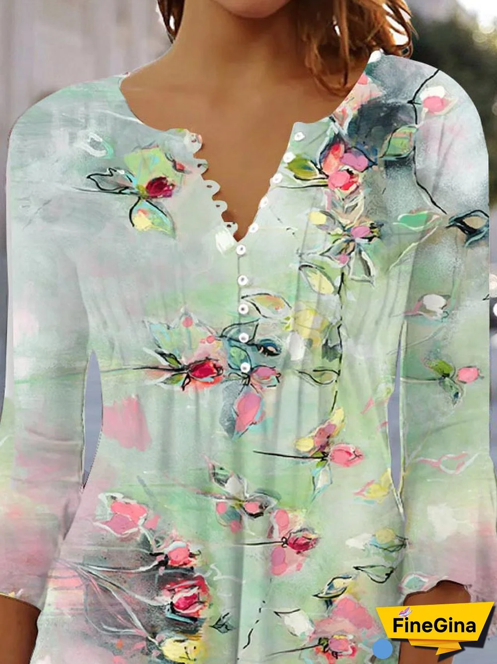 Women 3/4 Sleeve V-neck Floral Printed Top