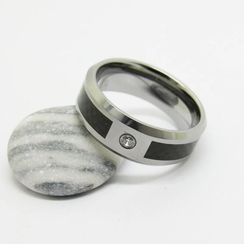 8MM Tungsten Matching Green Cz Carbon Fiber Inlay Mens Womens Wedding Bands