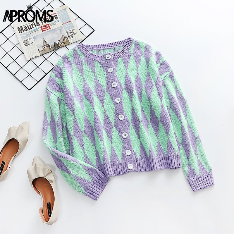 Aproms Vintage Green Purple Plaid Knitted Cardigan Women Winter Soft Loose Sweater Female High Fashion Outerwear 2022