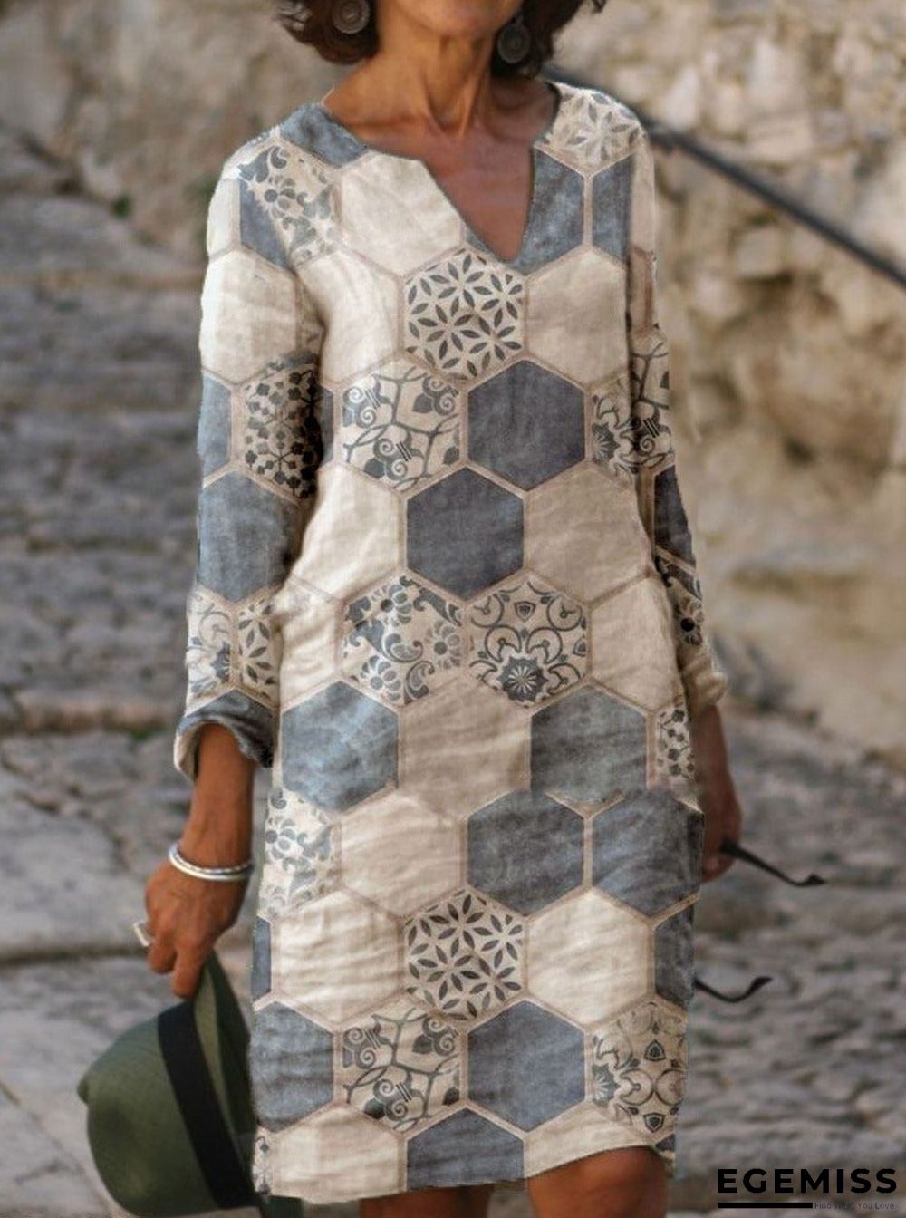 Fashion Lingge Printed V-neck Long Sleeve Casual Shift Dress | EGEMISS