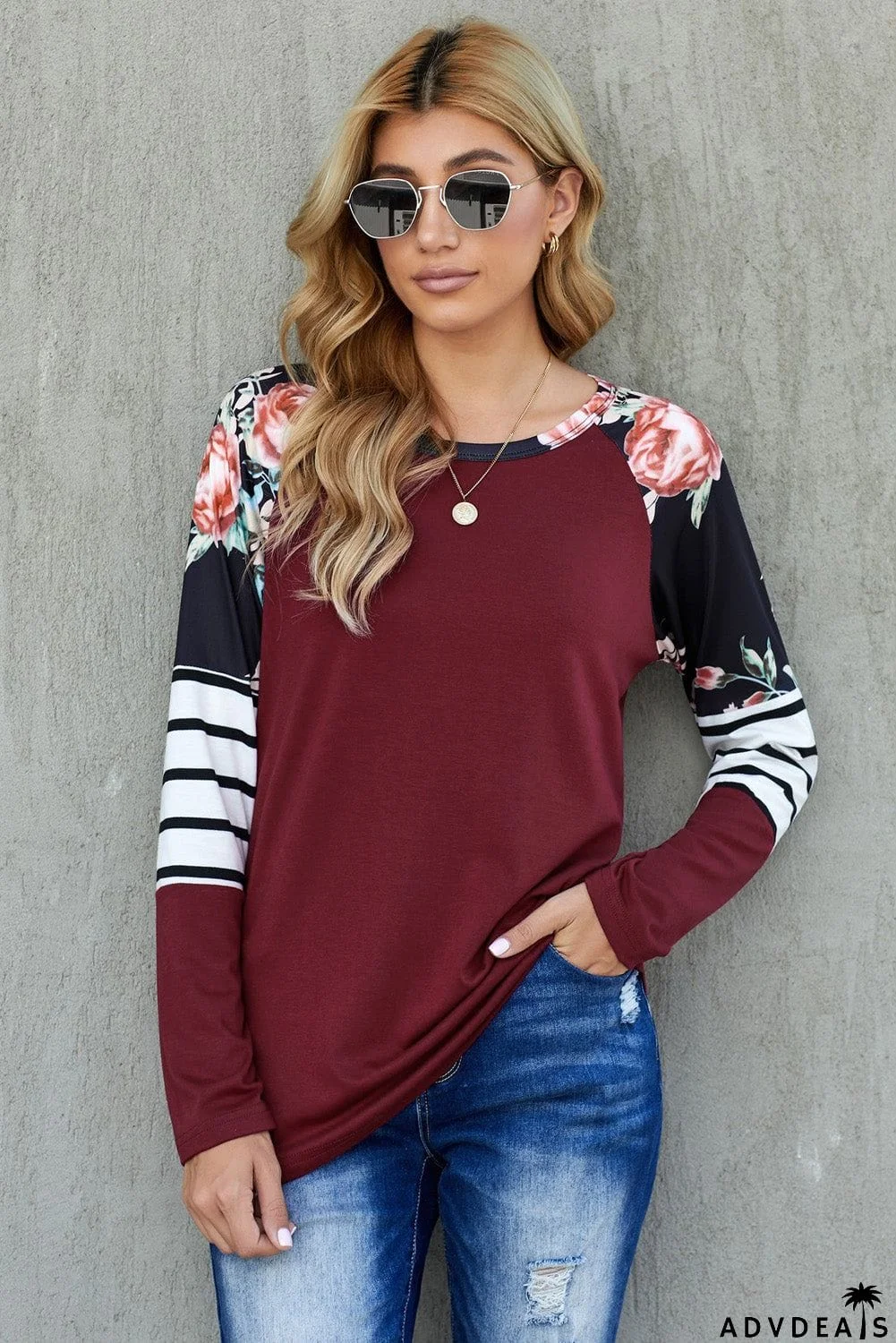 Striped Floral Long Sleeve Top