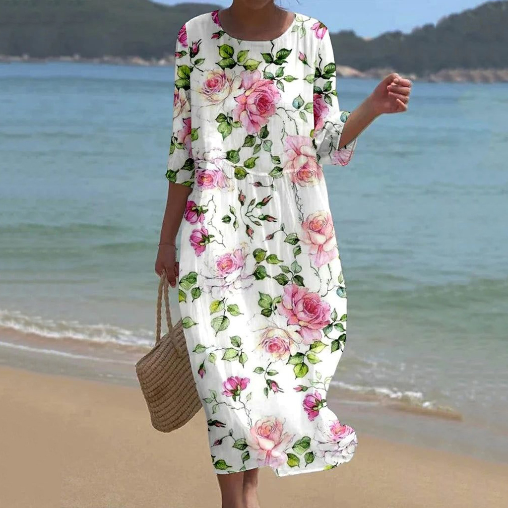 Women's Vintage Floral Art Linen Blend Loose Linen Dress wearshes