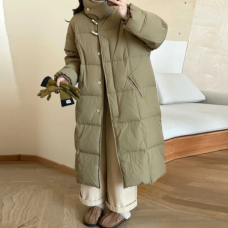 Woherb East Gate Korean Horn Buckle Long Down Jacket Female 2024 Winter Temperament Over The Knee And Thick White Duck Velvet Coat Tide-Outfit Ideas