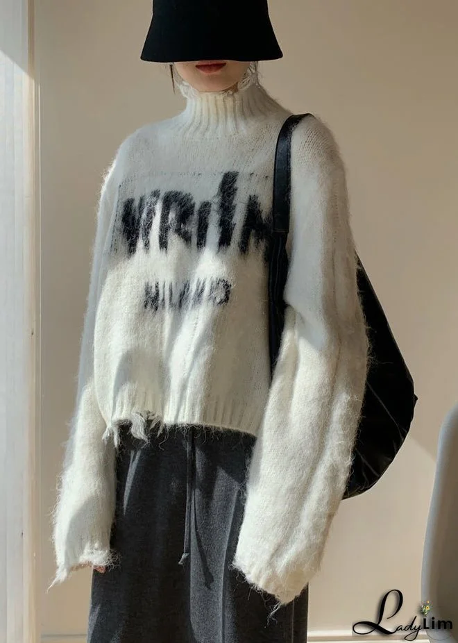 French White Turtleneck Hole Letter Knit Sweater Winter