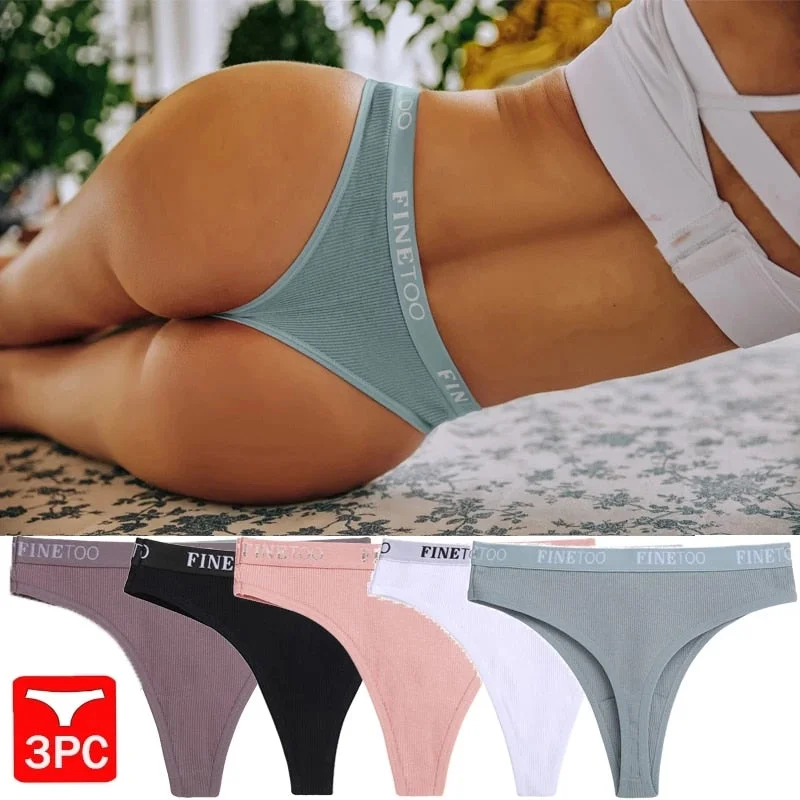 FINETOO 3PCS/Set M-XL Women's Thong Cotton Female Underpants Letter Waist Underwear Sexy Women's Panties Lingerie Thongs Woman