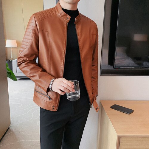 2025 New Men Leather Jackets Autumn Stand Collar Zipper Motorcycle Jackets Streetwear Social Pu Coats Casual Slim Men Clothing