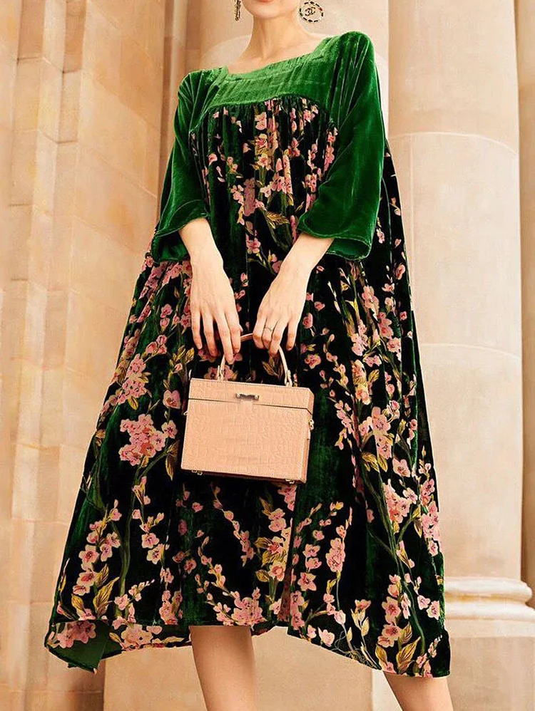 Casual Velvet Floral Square Neck Half Sleeve Midi Dress