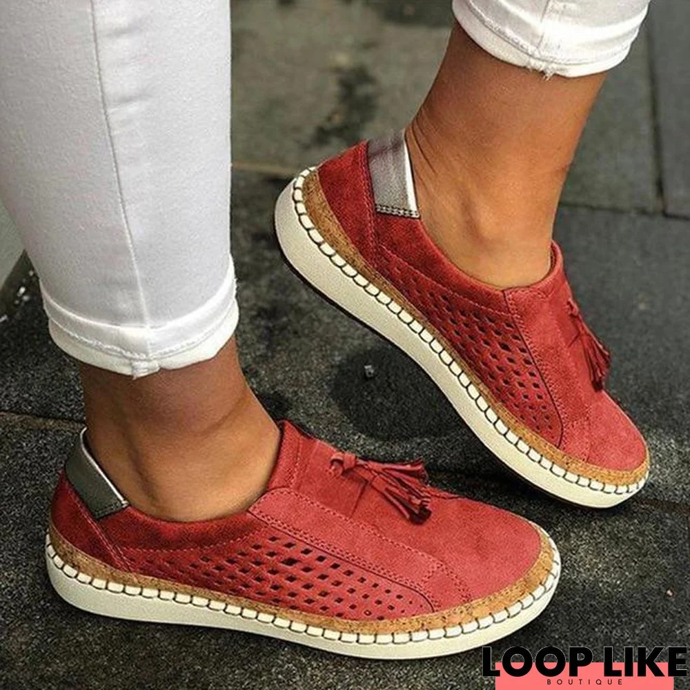 Women Slip On Hollow Out Flats Ladies Breathable Loafers Casual Platform Vulcanized Sewing Sneakers Shoes