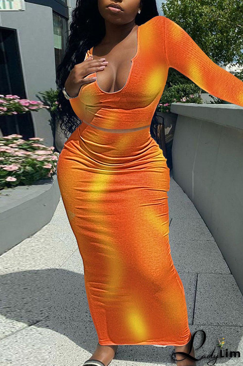 Lake Green Sexy Print Patchwork O Neck Long Sleeve Two Pieces