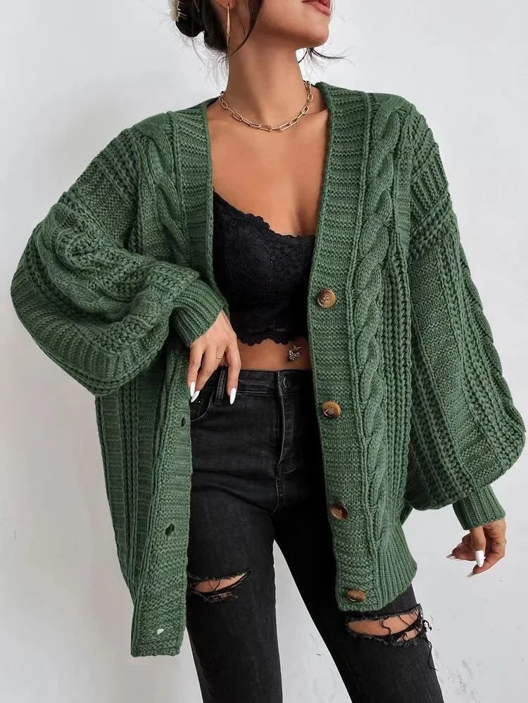 Athvotar Athvotar V-Neck Solid-Colored Open-Shirt Autumn And Winter Lazy Lantern Sleeve Loose Single-Caught Sweater Coat Woman