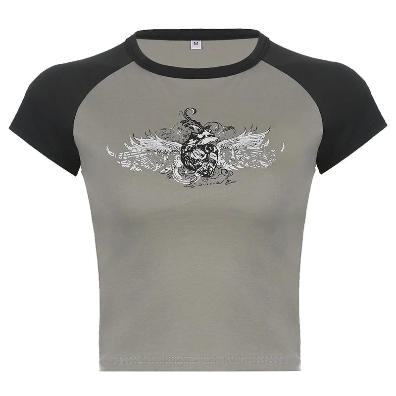 Ueong Summer Hot Girls Hipster Street Retro Round Collar Shoulder Collision Wing Printed Short-Sleeved T-Shirt