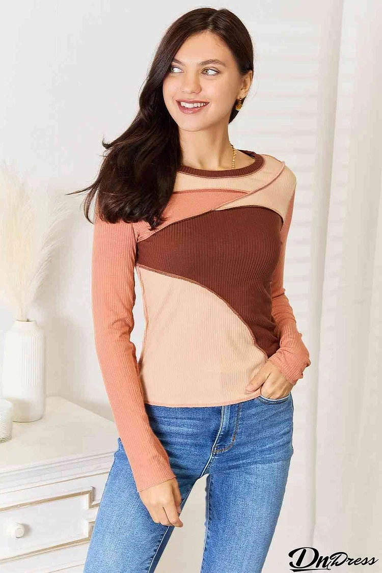 Double Take Color Block Exposed Seam Long Sleeve Top