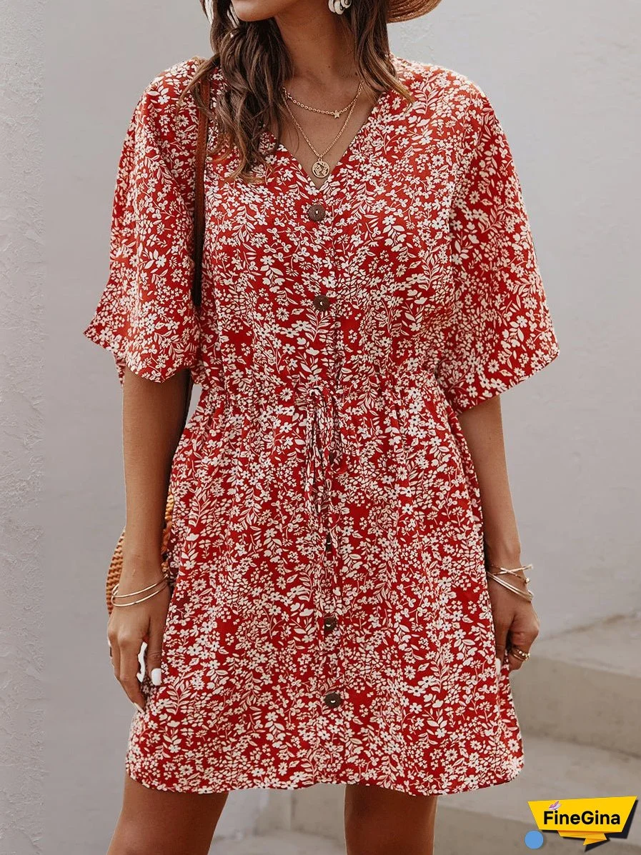V-Neck Single-Breasted Button Printed Pattern Floral Mini Dress