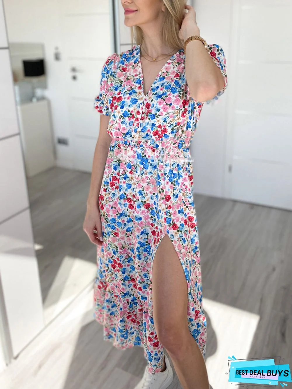 Temperament Short Sleeve Button Print Long Floral Dress