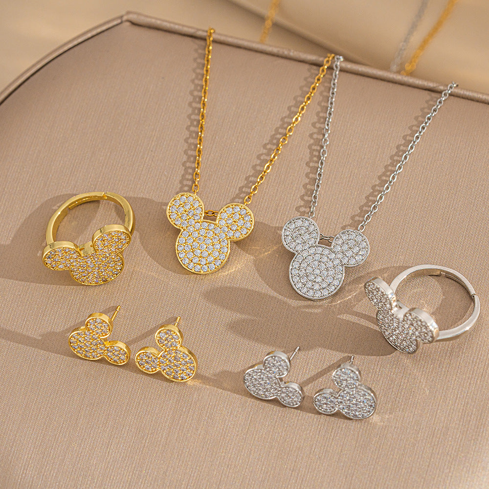High-Quality Full Zirconium Mickey Real Gold Electroplated Copper Micro-Inlaid Earrings And Necklace Set Combination