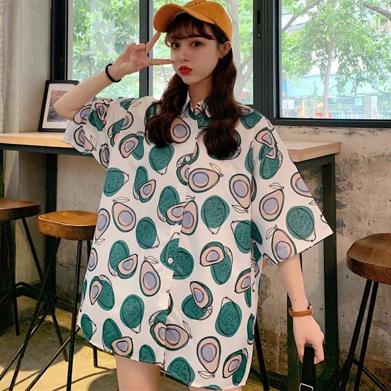 Harajuku Shirt blusas Female ulzzang short sleeve women blouse 2021 summer oversized gothic printing blouses Korean womens tops
