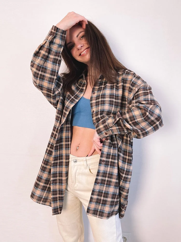 Huibahe Vintage Plaid Shirts Women Loose Gingham Female Blouse Autumn 2023 Button Top Shacket Oversized Long Shirts Ladies