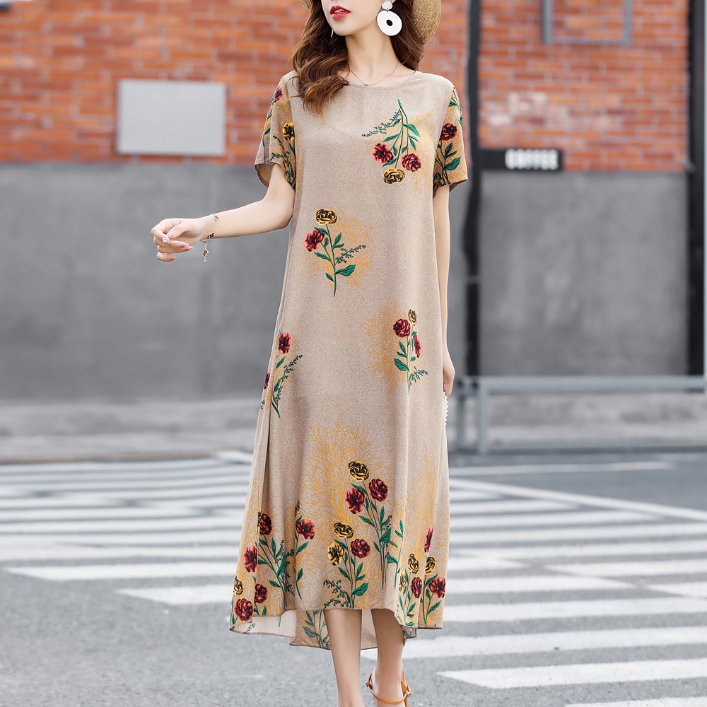 Fashion Vintage Loose Elegant Short Sleeve Casual O-neck Print Floral Dress