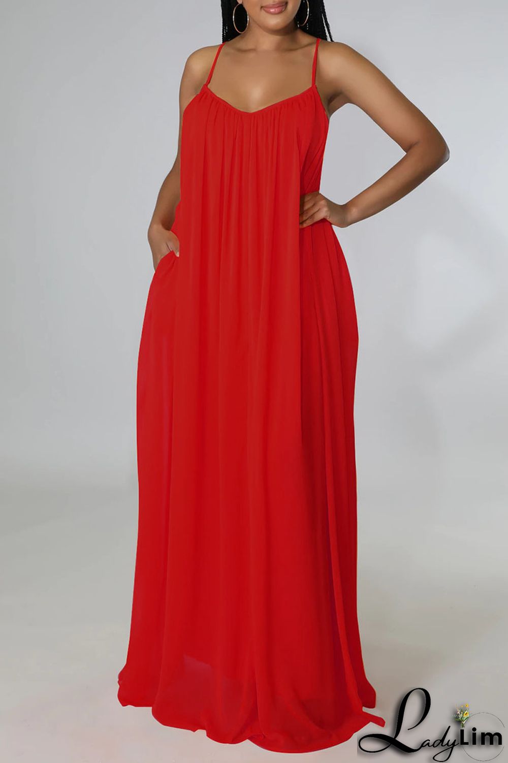 Orange Red Casual Solid Split Joint Backless Spaghetti Strap Sling Dress Dresses