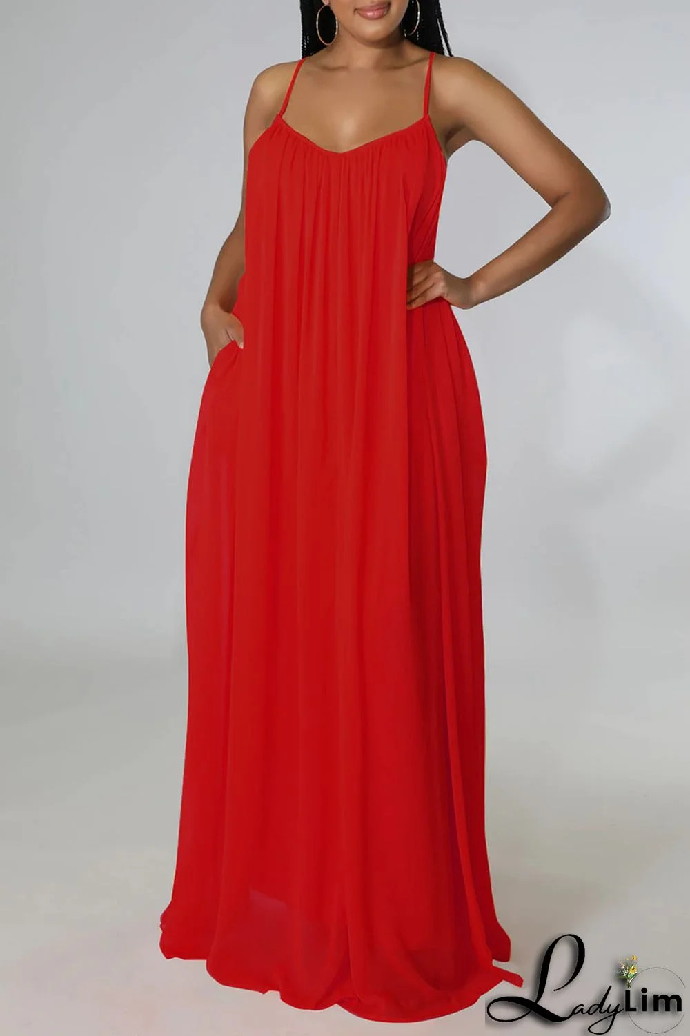 Orange Red Casual Solid Split Joint Backless Spaghetti Strap Sling Dress Dresses