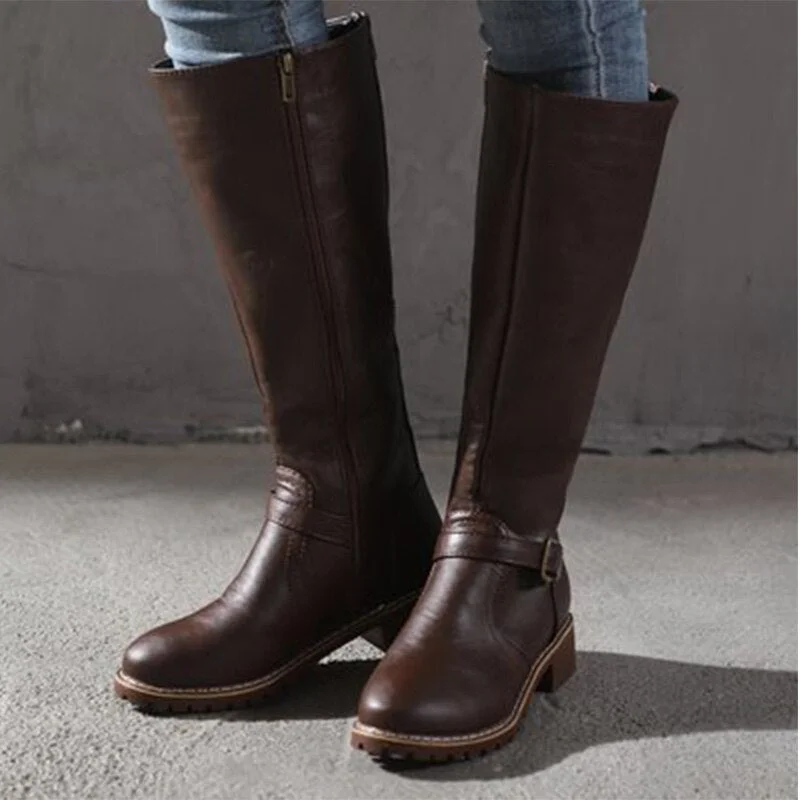 Women Knee High Boots 2021 Autumn Women's Zip Leather Buckle High Boots Woman Low Heels Ladies Buckle Belt Female Shoes Big Size