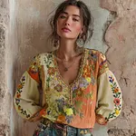 Women's Bohemian Floral Embroidery Art V-neck Contrast Color Long Sleeve Linen Blend T-shirt - Image 3