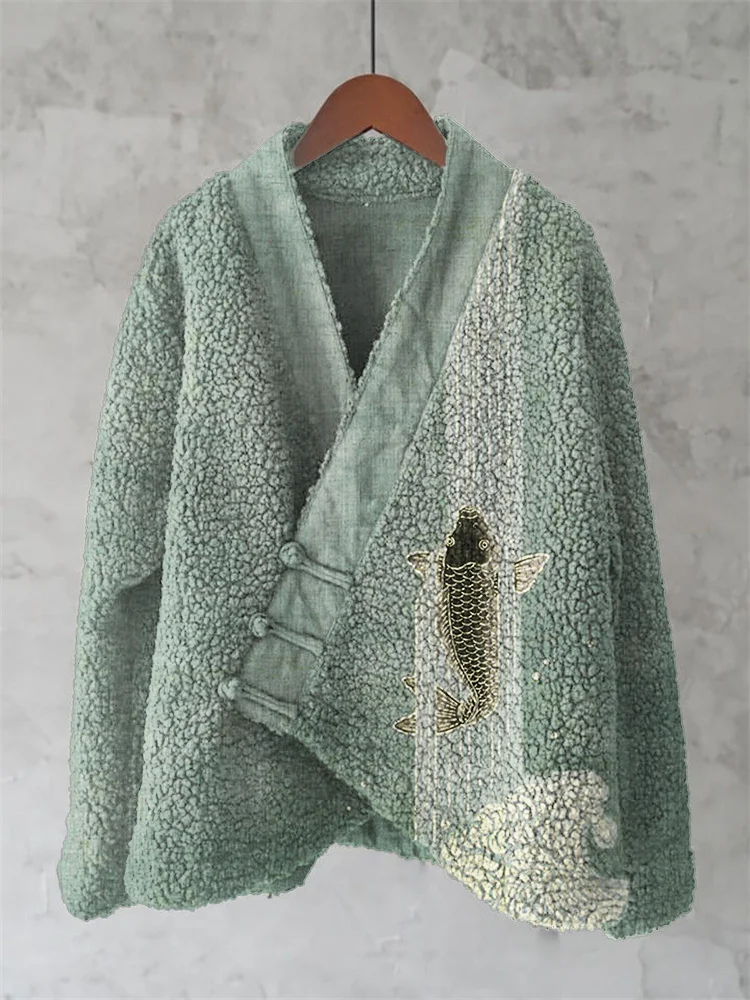 Upstream Carp Japanese Art Cozy Fleece Kimono Cardigan