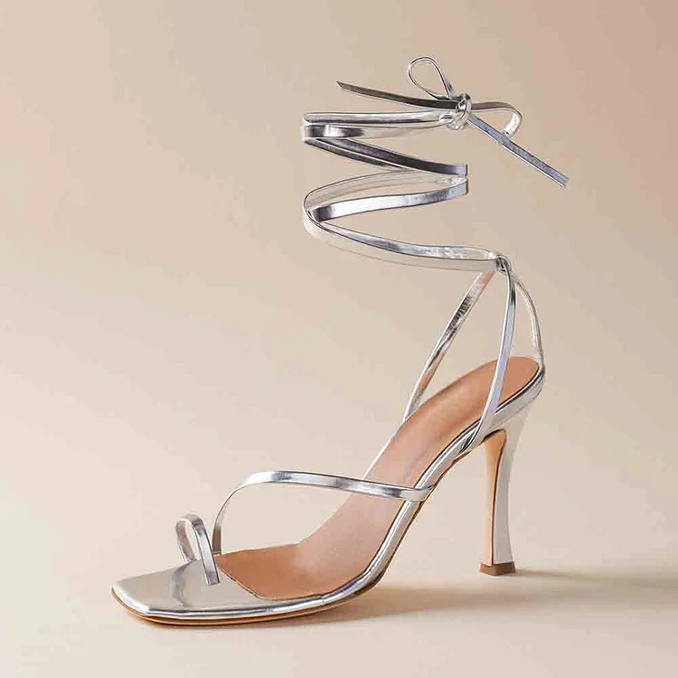 Women's Silver Square Toe Stiletto Heels Strappy Wedding Sandals |FSJ Shoes