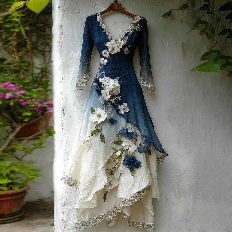 Women's Elegant Gradient Flowers Irregular Ruffle Linen Dress wearshes