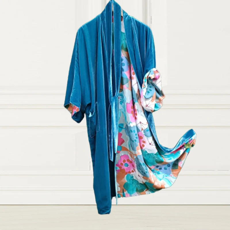 Velvet Lined Fun Floral Print Kimono Duster