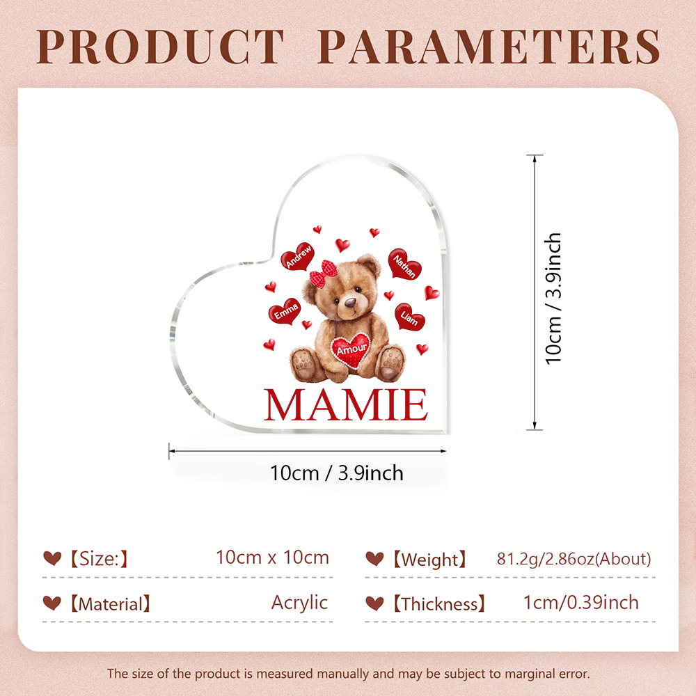 À ma Maman/Mamie - Plaque Acrylique Ours en Forme de Cœur 4 Prénoms Personnalisés avec 1 Texte