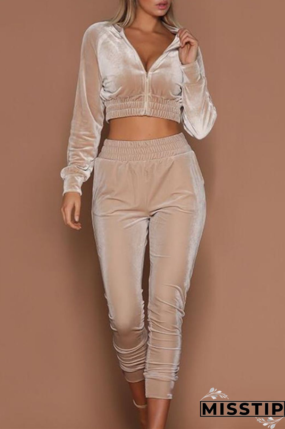 Pink Fashion Casual Solid Basic Zipper Collar Long Sleeve Two Pieces