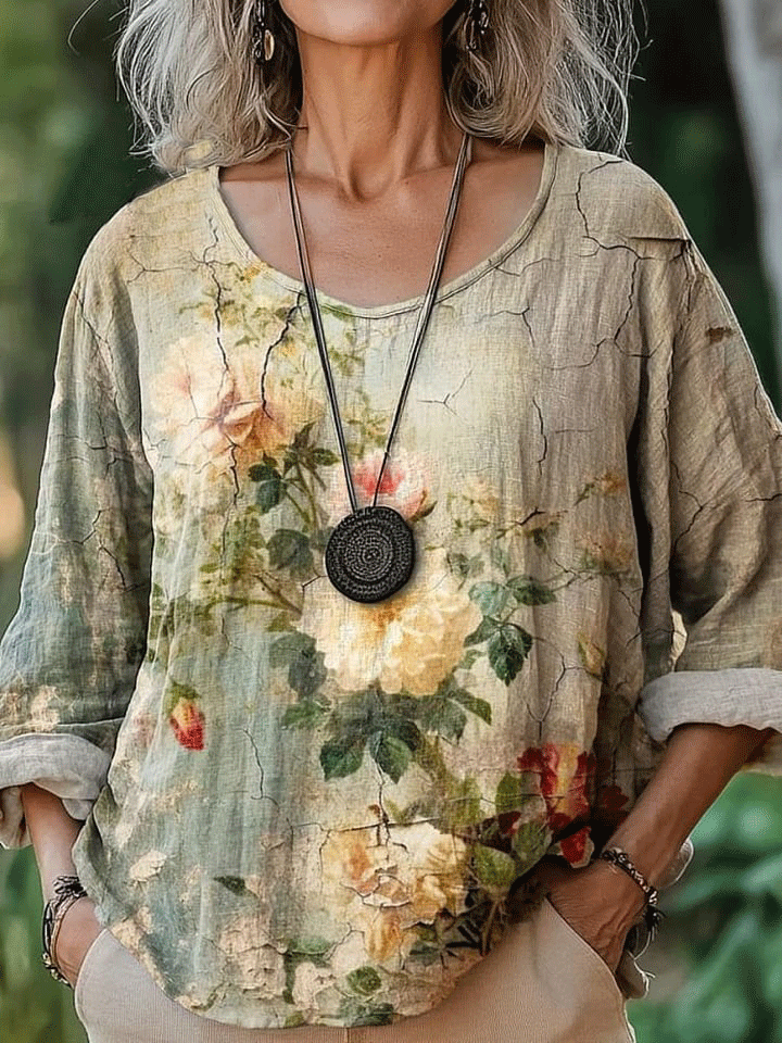 Women's Vintage Lovely Floral Art Print Casual Cotton And Linen Shirt