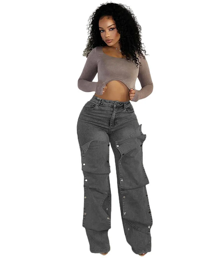 Button High Waist Straight Jeans
