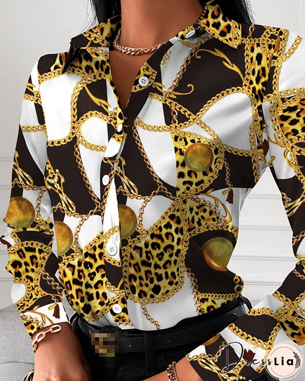 Chain Print Button Up Long Sleeve Blouse