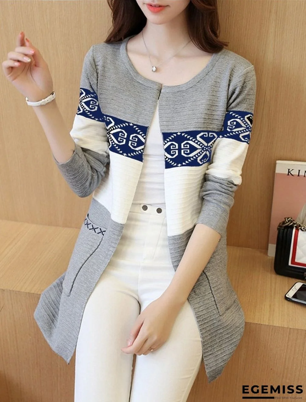 Color Block Printed Patch Pocket Cardigan | EGEMISS