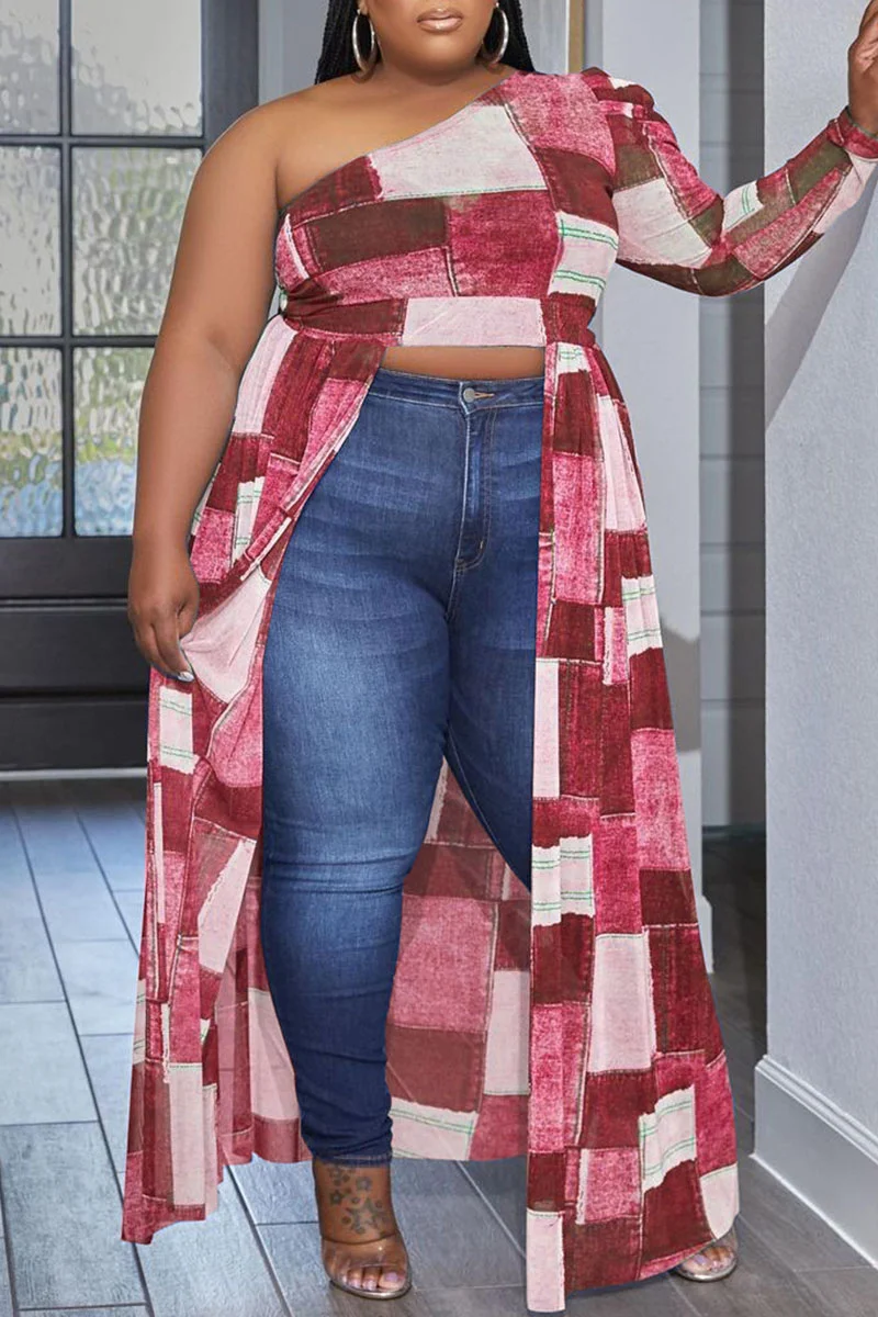 Burgundy Casual Plaid Print Patchwork Asymmetrical Oblique Collar Irregular Dress Plus Size Dresses | EGEMISS