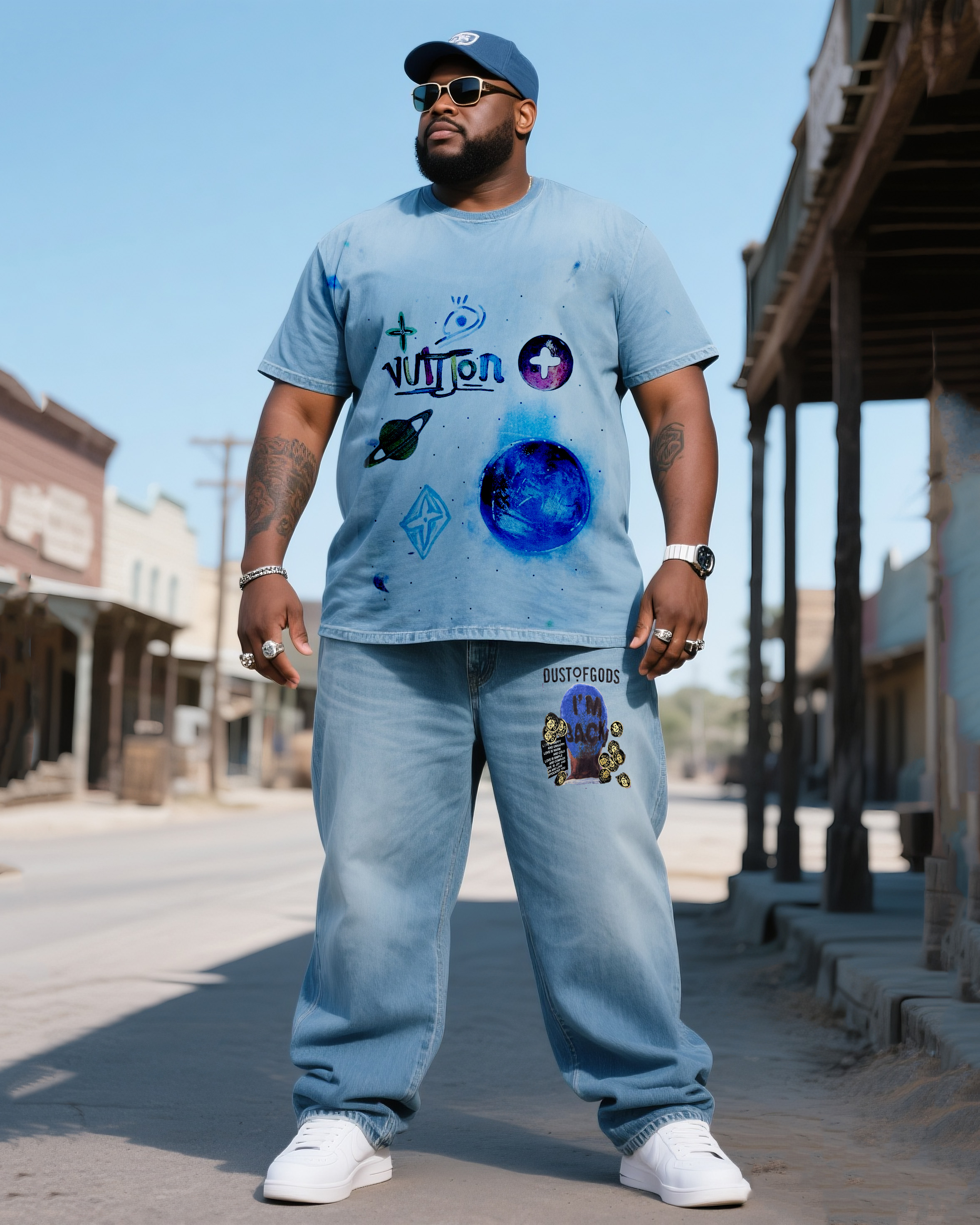 Big & Tall Men's Fashion Street I'm Back Printed Denim T-Shirt Pants Suit