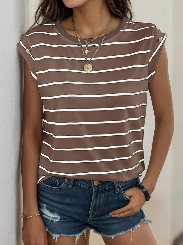 Loose Short Sleeves Split-Joint Striped Round-Neck T-Shirts