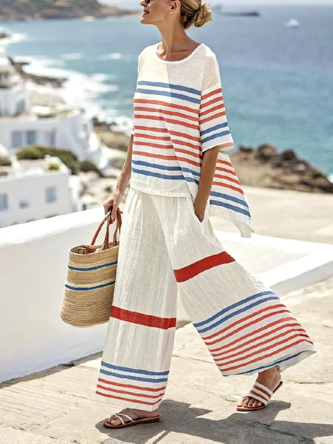 Women's Casual Loose Striped Pants Set 