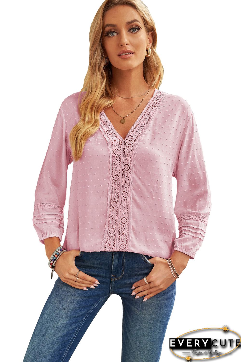 Pink V Neck 3/4 Sleeve Swiss Dot Casual Shirt