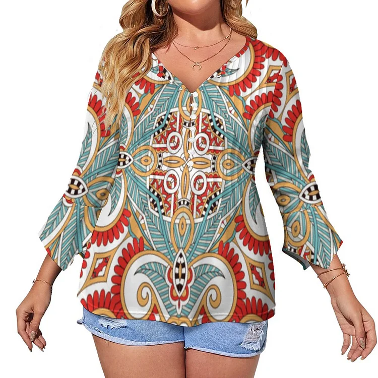 Red Teal Gray Blue Sunny Yelllow Kaleidoscope Art Button Popover Shirt Women mid sleeve Tunic Tops Loose Fit Pleats Blouses - Heather Prints Shirts